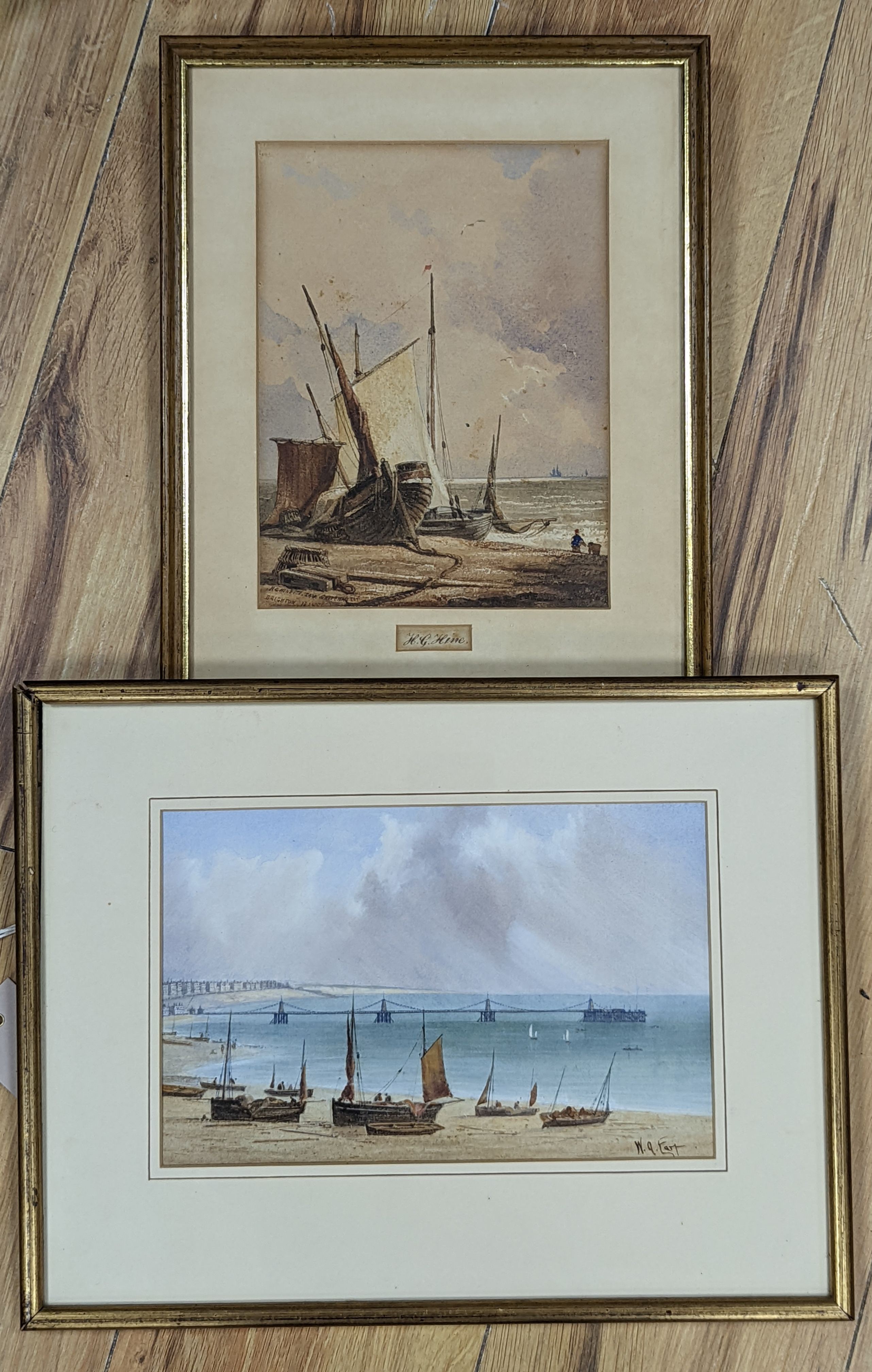 William Henry Earp (1831-1914), watercolour, View of the Brighton Chain Pier, signed, 16 x 25cm and and an Henry George Hine (1811-1895), sketch of fishing boats at Brighton, numbered 'HS Hine to Sam Cheesman (Brighton T